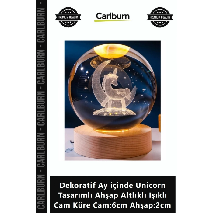 Özel Üretim Dekoratif Ay içinde Unicorn Tasarımlı Ahşap Altlıklı Işıklı Cam Küre Cam6cm Ahşap2cm