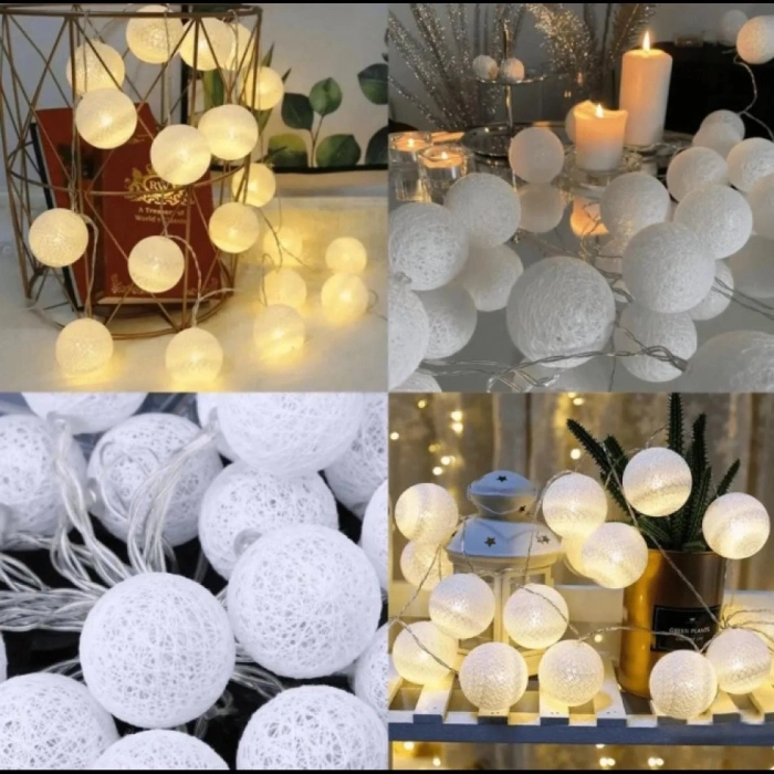 Özel Üretim Cotton Ball Led Işık Gece Lambası 2m 10lu Işıklı Beyaz Top Dekoratif Süs Pilli MZ39