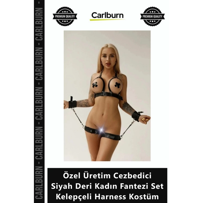 Özel Üretim Seksi Şık Özel Üretim Cezbedici Siyah Deri Kadın Fantezi Set Kelepçeli Harness Kostüm