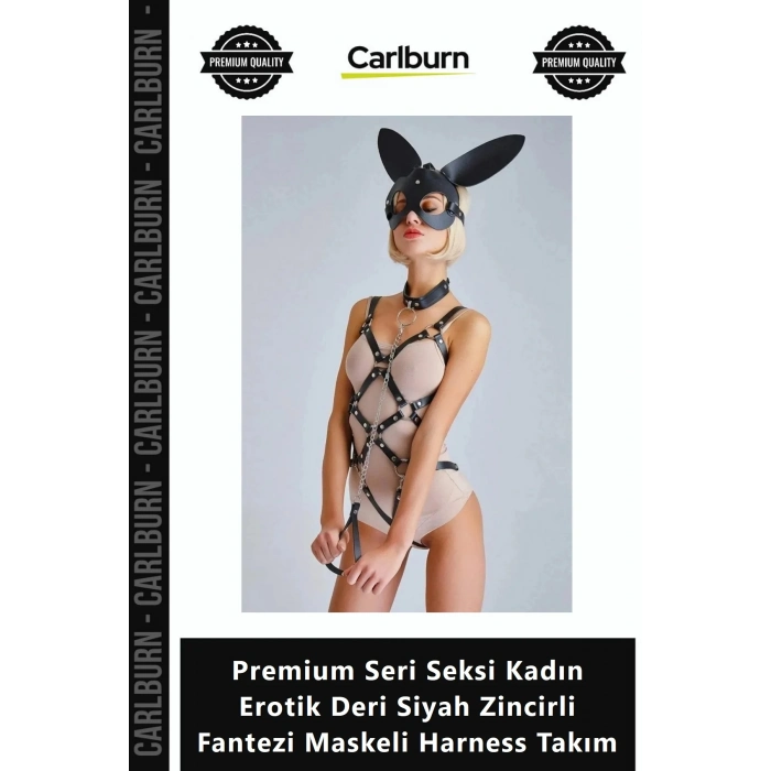 Özel Üretim Şık Premium Seri Seksi Kadın Erotik Deri Siyah Zincirli Fantezi Maskeli Harness Takım