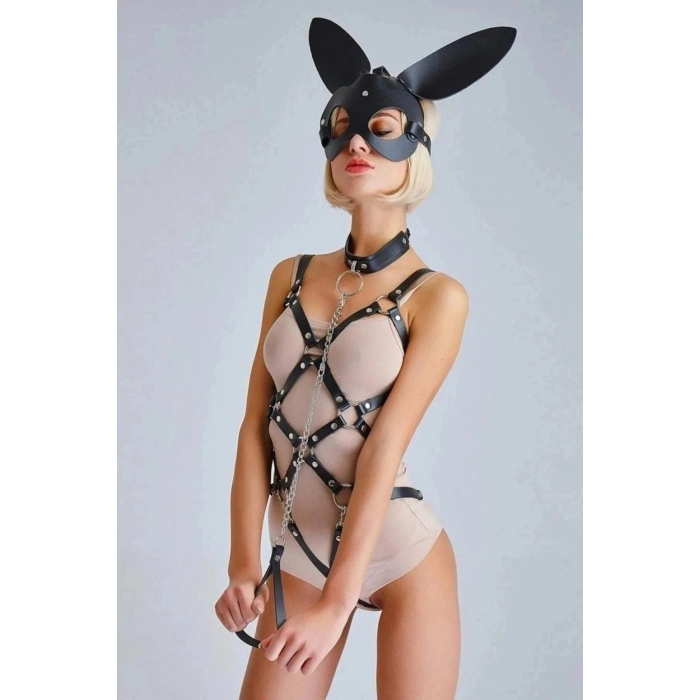 Özel Üretim Şık Premium Seri Seksi Kadın Erotik Deri Siyah Zincirli Fantezi Maskeli Harness Takım