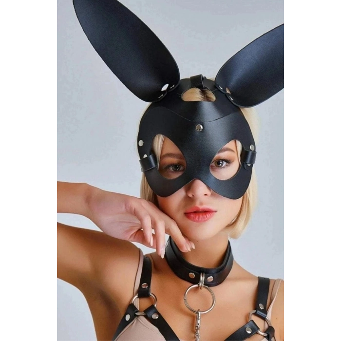 Özel Üretim Şık Premium Seri Seksi Kadın Erotik Deri Siyah Zincirli Fantezi Maskeli Harness Takım
