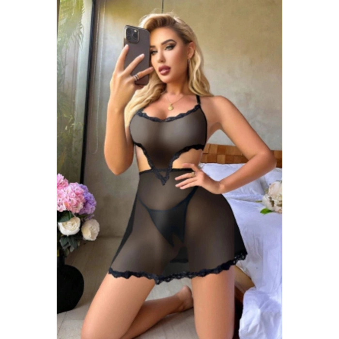 Özel Üretim Premium Seri Fantezi Seksi Erotik Siyah Dantel Detay Transparan Özel Bölge Açık Rahat Ka