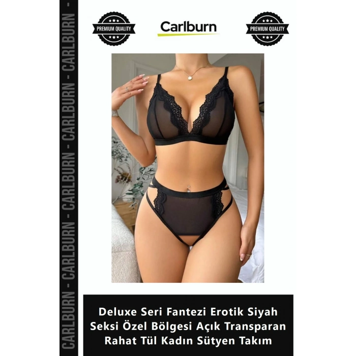 Özel Üretim Deluxe Seri Fantezi Erotik Siyah Seksi Özel Bölgesi Açık Transparan Rahat Tül Kadın Süty