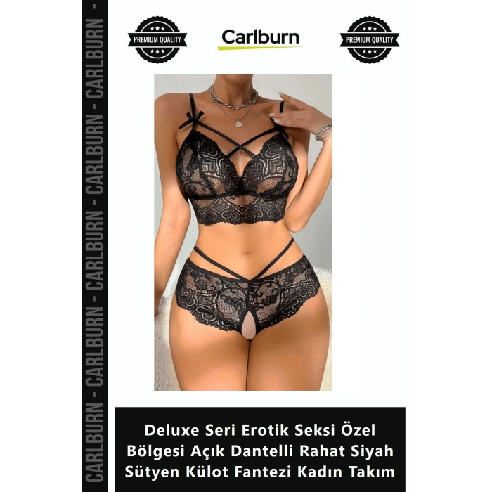Özel Üretim Deluxe Seri Erotik Seksi Özel Bölgesi Açık Dantelli Rahat Siyah Sütyen Külot Fantezi Kad