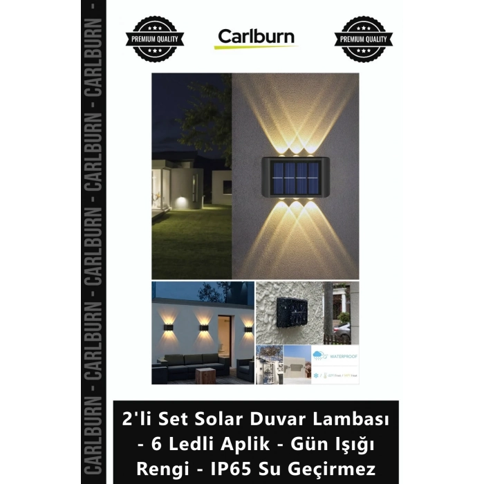 Özel Üretim 2li Set Solar Duvar Lambası 6 Ledli Aplik Gün Işığı Rengi IP65 Su Geçirmez