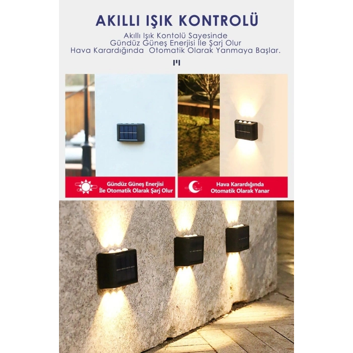 Özel Üretim 2li Set Solar Duvar Lambası 6 Ledli Aplik Gün Işığı Rengi IP65 Su Geçirmez