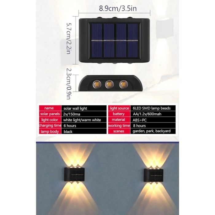 Özel Üretim 2li Set Solar Duvar Lambası 6 Ledli Aplik Gün Işığı Rengi IP65 Su Geçirmez