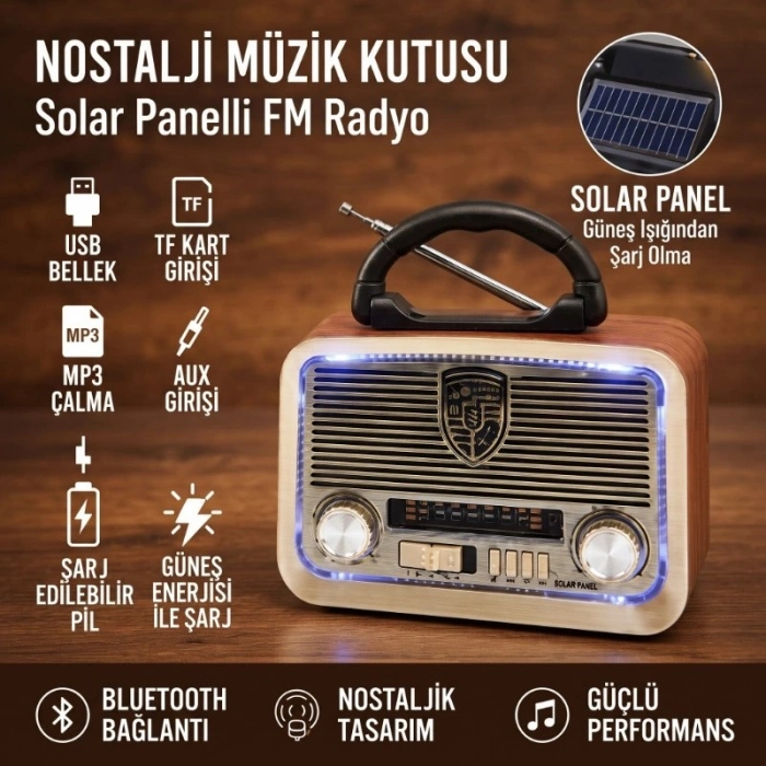 Özel Üretim Solar Panelli LED Fenerli FM Radyo Nostaljik Tasarım Şarjlı Bluetooth Özellikli