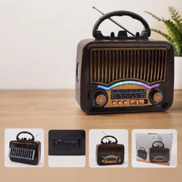 Özel Üretim Solar Nostalji Müzik Kutusu Şarjlı FM Radyo Bluetooth Özellikli Retro Tasarımlı