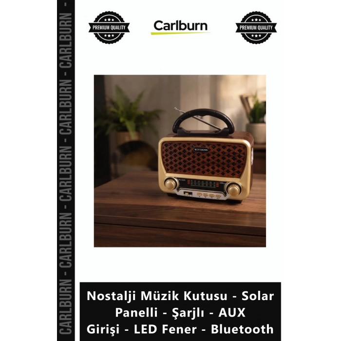 Özel Üretim Nostalji Müzik Kutusu Solar Panelli Şarjlı AUX Girişi LED Fener Bluetooth