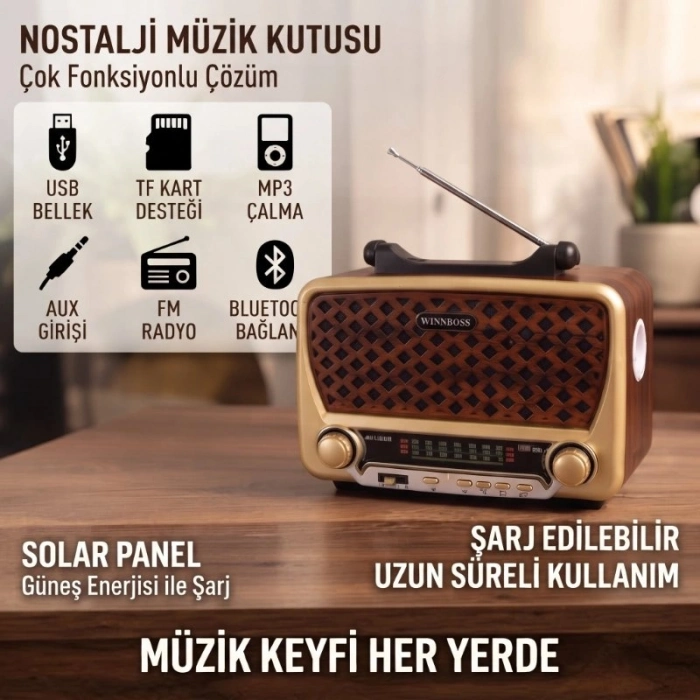 Özel Üretim Nostalji Müzik Kutusu Solar Panelli Şarjlı AUX Girişi LED Fener Bluetooth