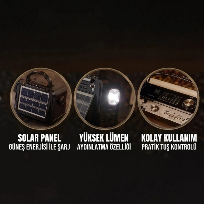 Özel Üretim Nostalji Müzik Kutusu Solar Panelli Şarjlı AUX Girişi LED Fener Bluetooth