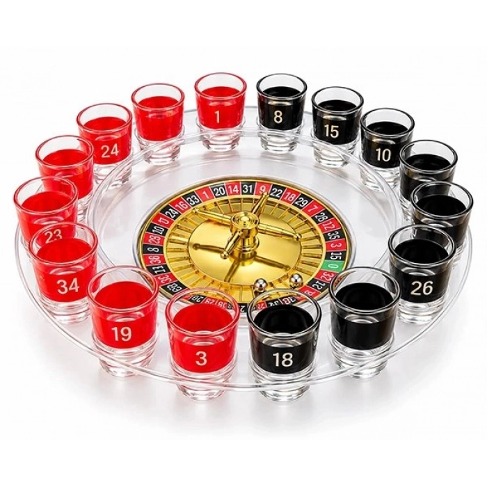 Özel Üretim Eğlence Hediye Seti Şık Parti Aksesuarı 16Li Shot Bardaklı Rulet Oyunu Şeffaf Alk2546