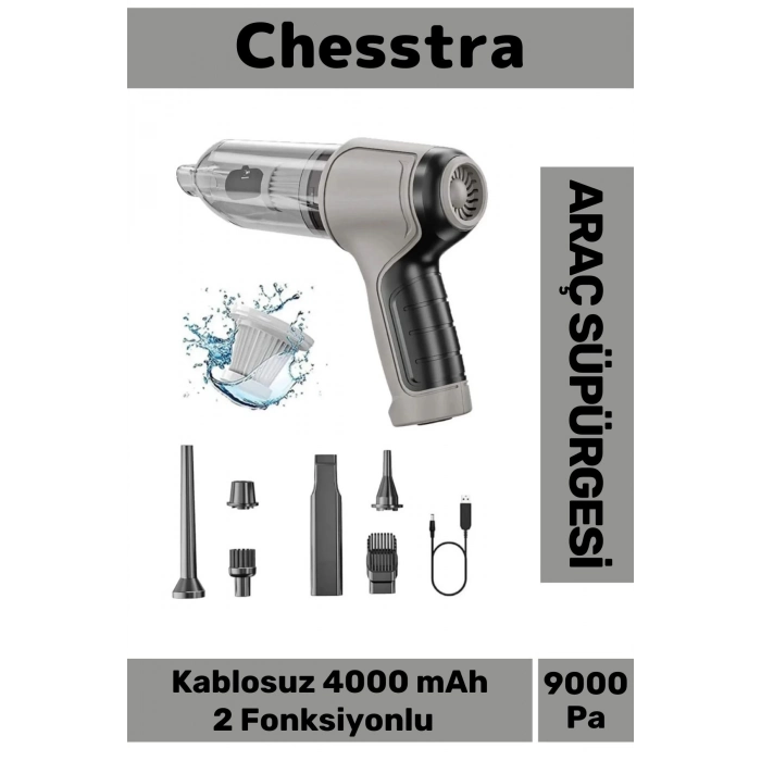 7 Başlıklı Şarjlı Kablosuz 2 Fonksiyonlu 4000 mAh Vakumlu El Süpürgesi Üflemeli Araç Oto Süpürgesi