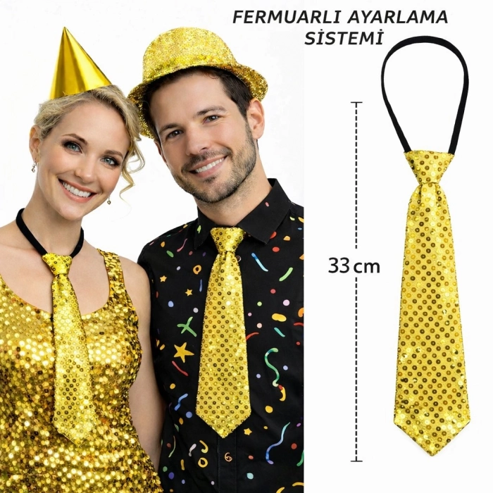 #Kravat Göz Alıcı Sahne Kostüm Aksesuarı Hazır Altın Renk Pul Payetli Işıltılı Parti Kravatı 33 cm