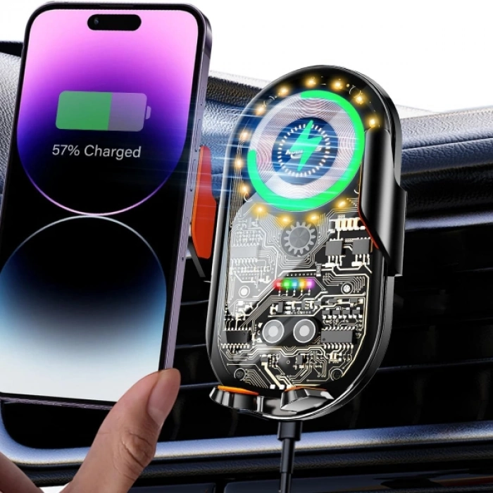 Özel Üretim Cyberpunk Şeffaf Otomatik Güvenli Sabitleme Hızlı Şarj Navigasyon Araç İçi Kablosuz Şarj