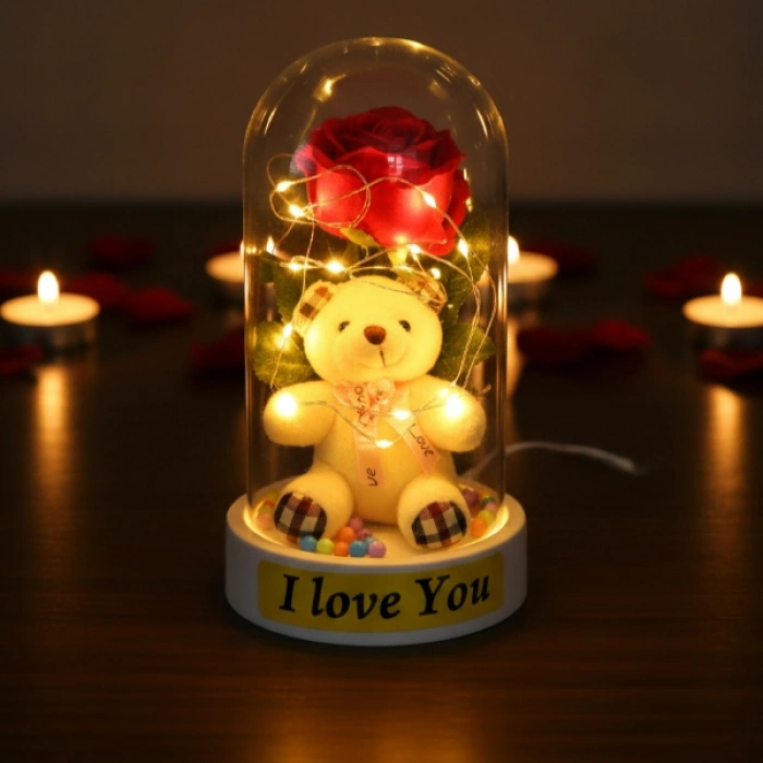 #Fanus Romantik Sevimli Ayıcık Figürü Gün Işığı LED Dekoratif Hediyelik Ayıcıklı Ledli Gül Fanus