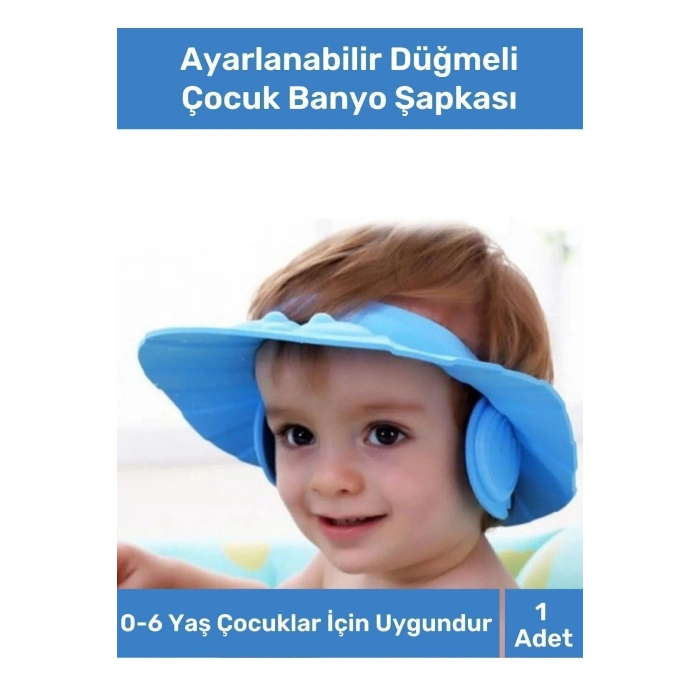 Bebek Banyo Şapkası Duş Başlığı Ayarlanabilir Düğmeli Çocuk Küvet Göze Su Kaçırmayan Mavi Şapka