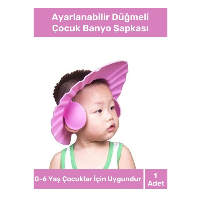 Bebek Banyo Şapkası Duş Başlığı Ayarlanabilir Düğmeli Çocuk Küvet Göze Su Kaçırmayan Pembe Şapka