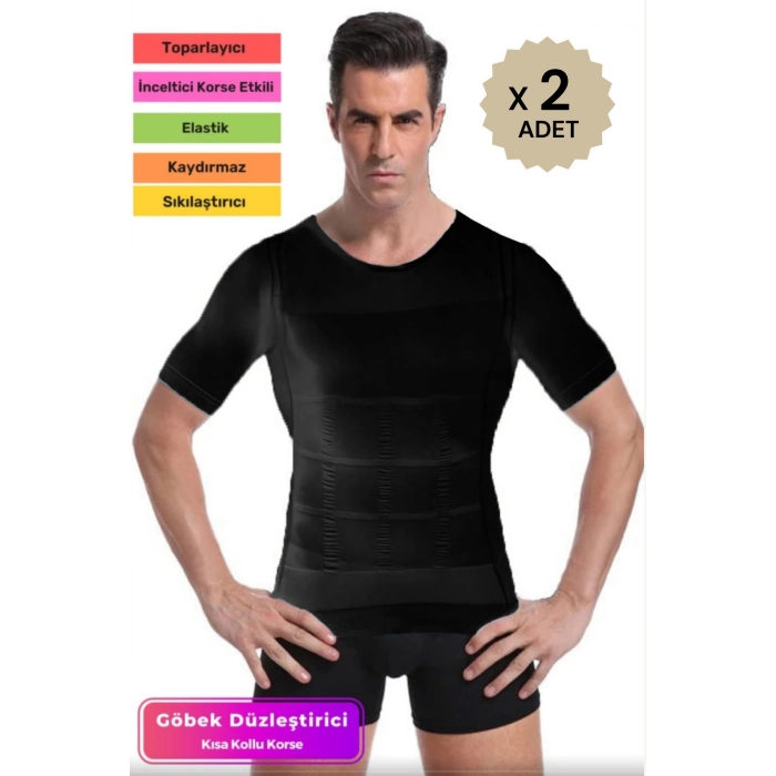Bel Göğüs Dik Duruş Jinekomasti Toparlayıcı Erkek Göbek Sıkılaştırıcı Kısa Kol Korse Atlet - 2 Adet