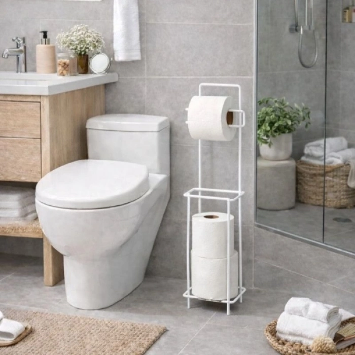 Metal Gövde Zemine Pratik Hijyenik Banyo Düzenleyici Beyaz Standlı Yedek Hazneli Tuvalet Kağıtlığı