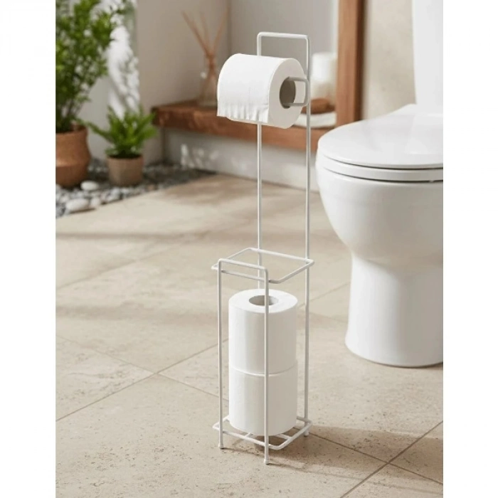 Metal Gövde Zemine Pratik Hijyenik Banyo Düzenleyici Beyaz Standlı Yedek Hazneli Tuvalet Kağıtlığı