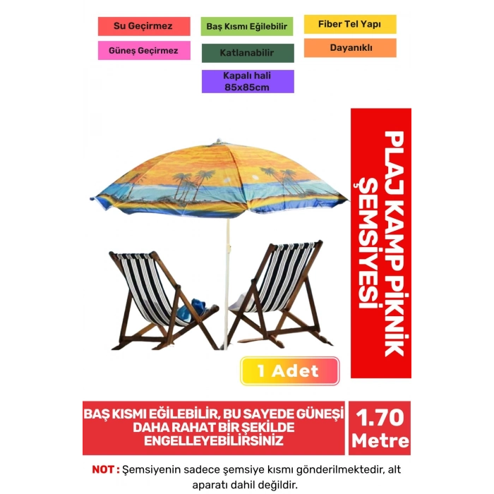 Büyük Boy Katlanabilir Dayanıklı Güneş Su Geçirmez Fiber Tel Taşınabilir 170cm Kamp Plaj Şemsiyesi