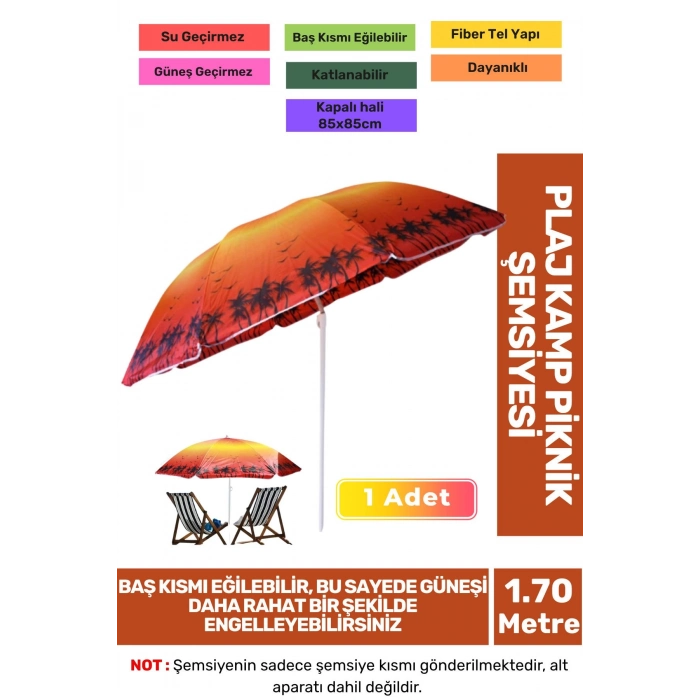 Büyük Boy Katlanabilir Dayanıklı Güneş Su Geçirmez Fiber Tel Taşınabilir 170cm Kamp Plaj Şemsiyesi