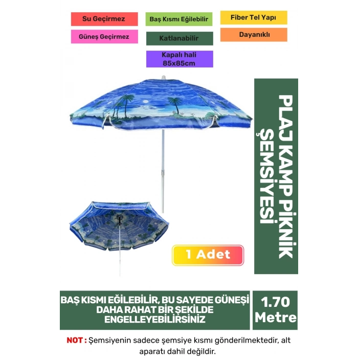 Büyük Boy Katlanabilir Dayanıklı Güneş Su Geçirmez Fiber Tel Taşınabilir 170cm Kamp Plaj Şemsiyesi