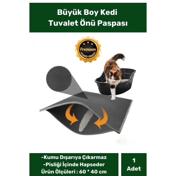 Büyük Boy Kedi Kumu Paspası Kedi Tuvalet Önü Elekli Paspas Yıkanabilir Silinebilir 60x40Cm Gri