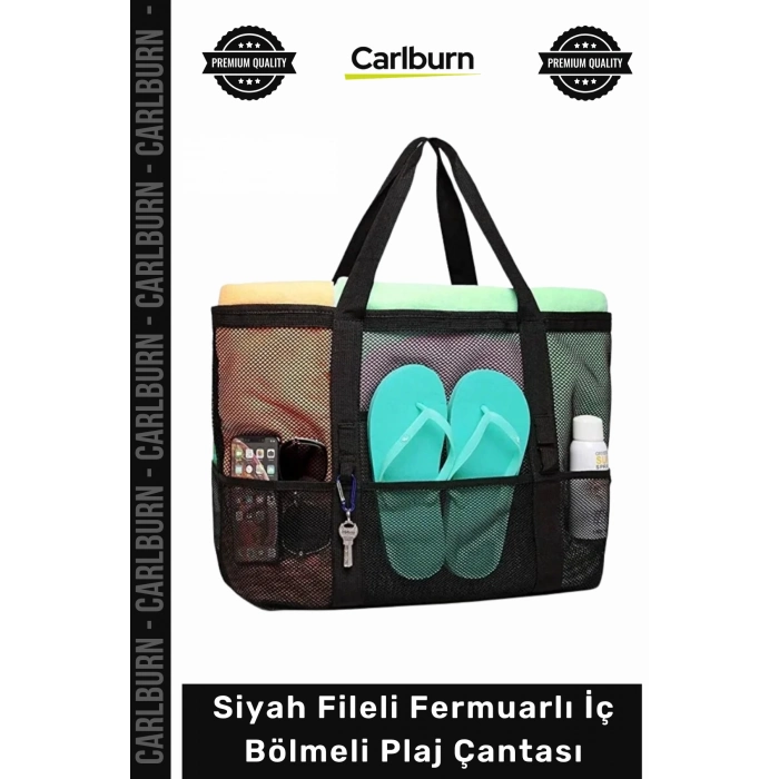#Çanta Dayanıklı Kaliteli Siyah Fileli Havuz Deniz Plaj Çantası Çok Cepli Tasarım Fermuarlı İç Bölme