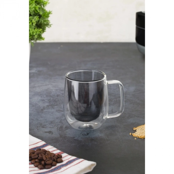 Özel Üretim 450 ml Kapasite Sıcak Tutan Estetik Modern İçecek Keyfi Çift Cidarlı Cam Kupa Gri