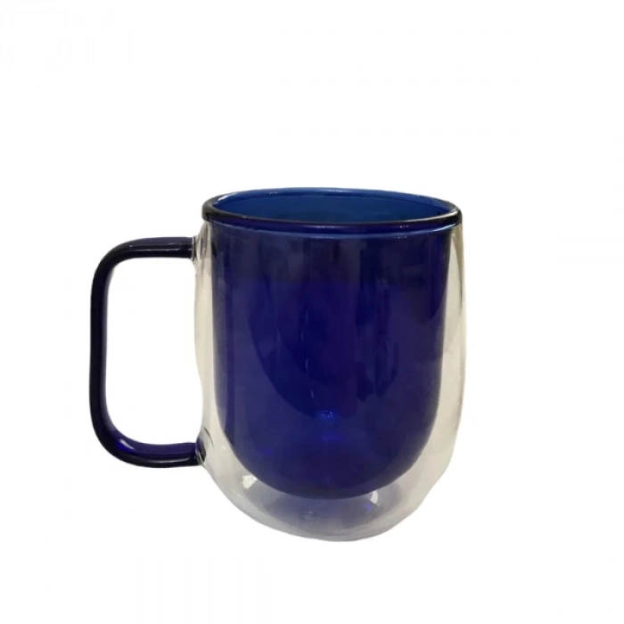 Özel Üretim 450 ml Kapasite Sıcak Tutan Estetik Modern İçecek Keyfi Çift Cidarlı Cam Kupa Lacivert