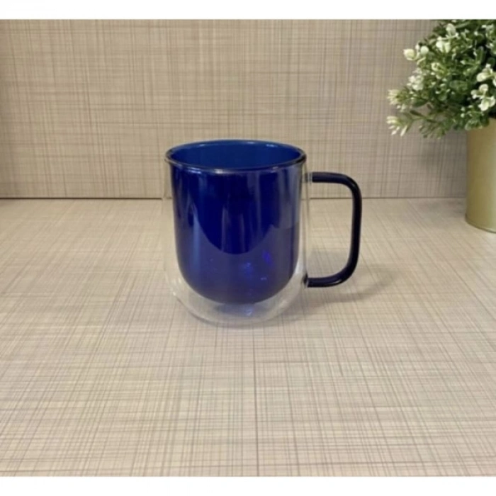 Özel Üretim 450 ml Kapasite Sıcak Tutan Estetik Modern İçecek Keyfi Çift Cidarlı Cam Kupa Lacivert