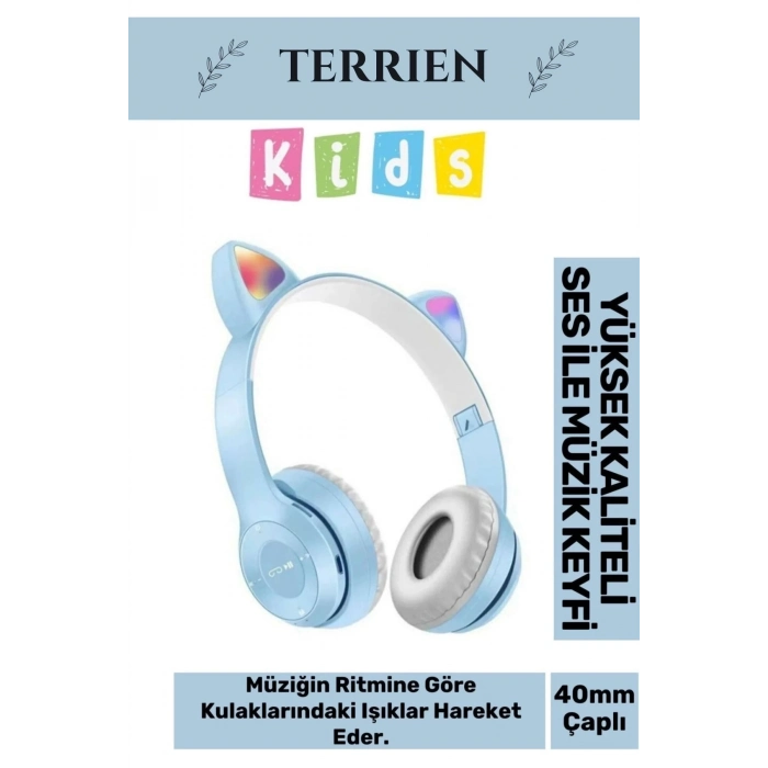 Çocuk Kedi Kulaklı Işıklı Mikrofonlu Uyumlu Kablosuz Bluetooth Kedili Kulaklık