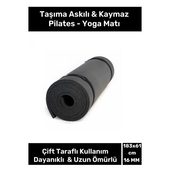 Dayanıklı Taşıma Askılı Konfor Modeli Çift Taraflı Kaymaz Yoga Meditasyon Minderi 16mm Siyah Mat