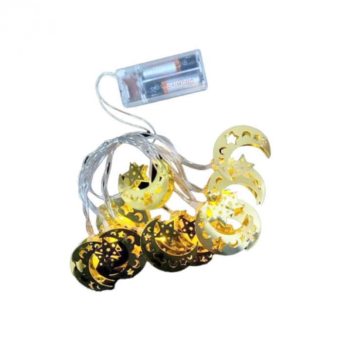 #Ramazan Gold Metal Ay Yıldız Figürlü 2 Metre Pilli Ramazan Dekorasyonu Dekoratif Ramazan LED Lamba