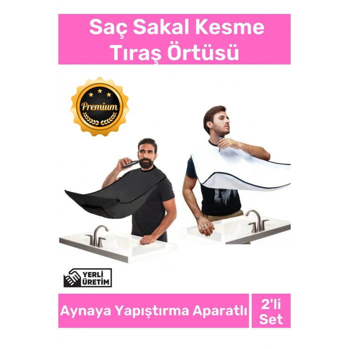 Deluxe Pratik Vakumlu Aynaya Yapıştırma Aparatlı Evde Saç Sakal Kesme Siyah- Beyaz Set Tıraş Örtüsü