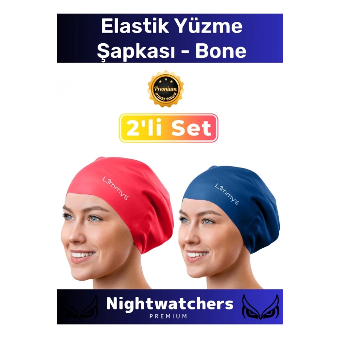 Deluxe Su Geçirmez Sızdırmaz Renkli Silikon Yüzücü Havuz Deniz Bone Elastik Yüzme Şapkası 2li Set