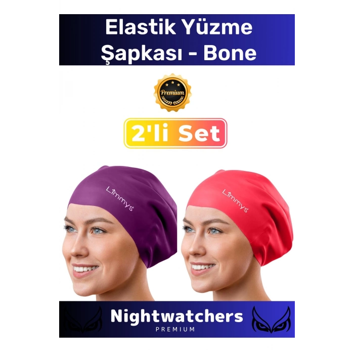 Deluxe Su Geçirmez Sızdırmaz Renkli Silikon Yüzücü Havuz Deniz Bone Elastik Yüzme Şapkası 2li Set