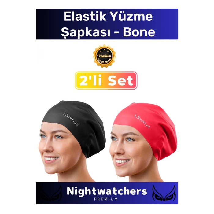 Deluxe Su Geçirmez Sızdırmaz Renkli Silikon Yüzücü Havuz Deniz Bone Elastik Yüzme Şapkası 2li Set