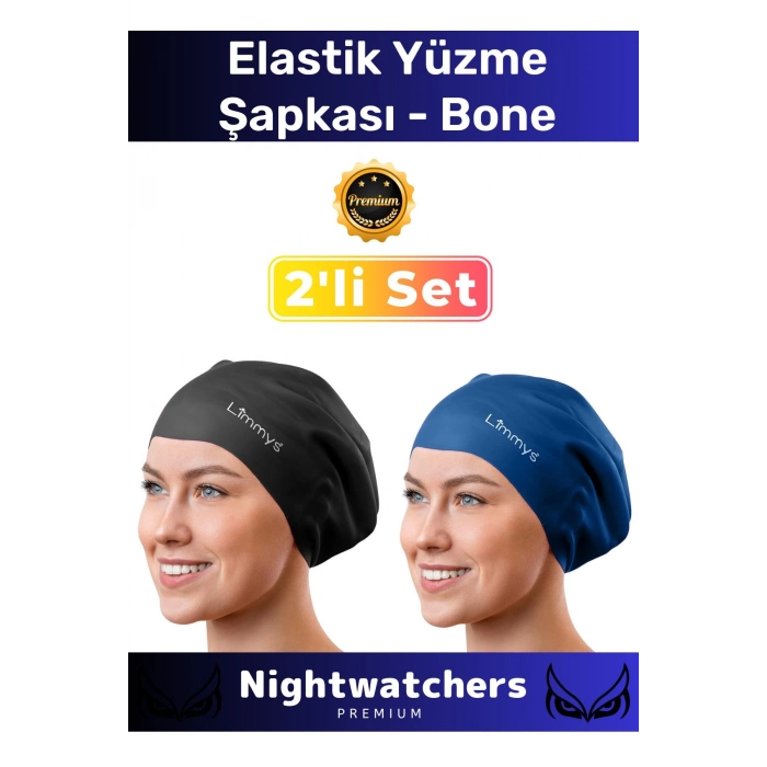 Deluxe Su Geçirmez Sızdırmaz Renkli Silikon Yüzücü Havuz Deniz Bone Elastik Yüzme Şapkası 2li Set