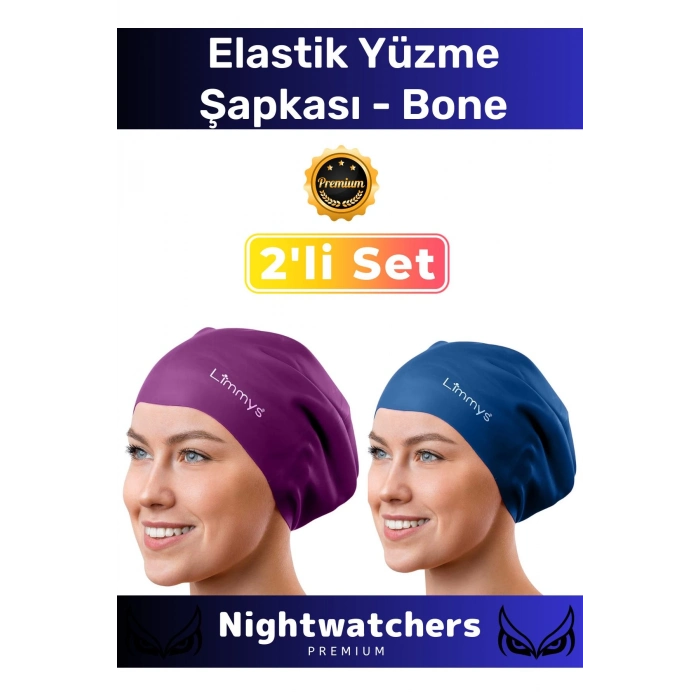 Deluxe Su Geçirmez Sızdırmaz Renkli Silikon Yüzücü Havuz Deniz Bone Elastik Yüzme Şapkası 2li Set