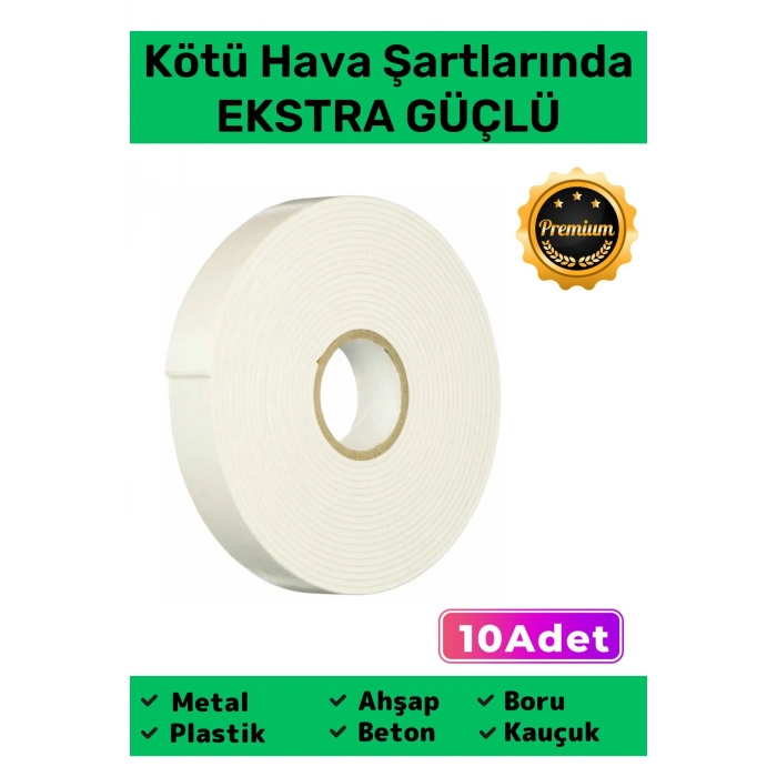 Extra Güçlü Uzun Ömürlü Kuvvetli Yapışkan Kolay Uygulanır İz Bırakmaz Çift Taraf Köpük Bant 10 Adet