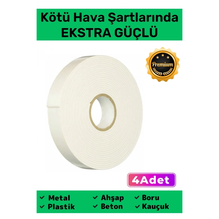 Extra Güçlü Uzun Ömürlü Kuvvetli Yapışkan Kolay Uygulanır İz Bırakmaz Çift Taraflı Köpük Bant 4 Adet