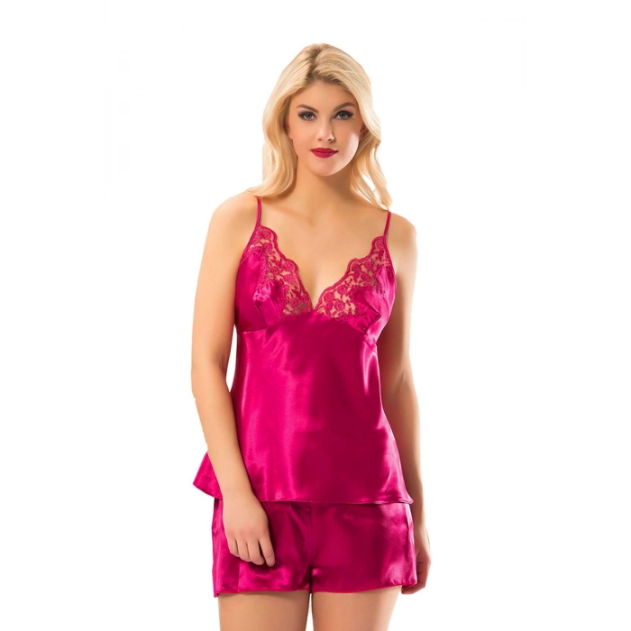 #Babydoll Lüks Kalite Yumuşak Dokulu Rahat Gecelik Fuşya Saten Babydoll Şortlu Takım