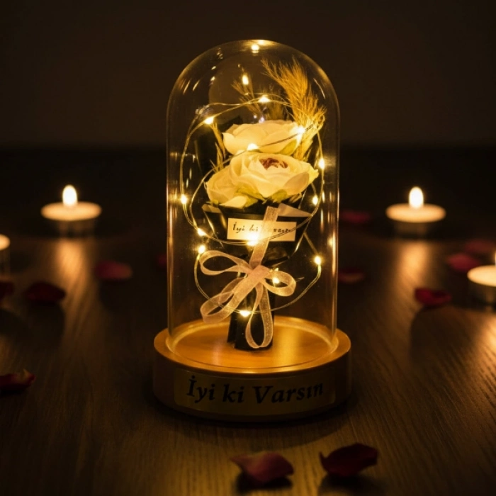 #Fanus Zarif Üç Güllü Romantik Hediye Gün Işığı Estetik Aydınlatma Gül Buketi Ledli Fanus