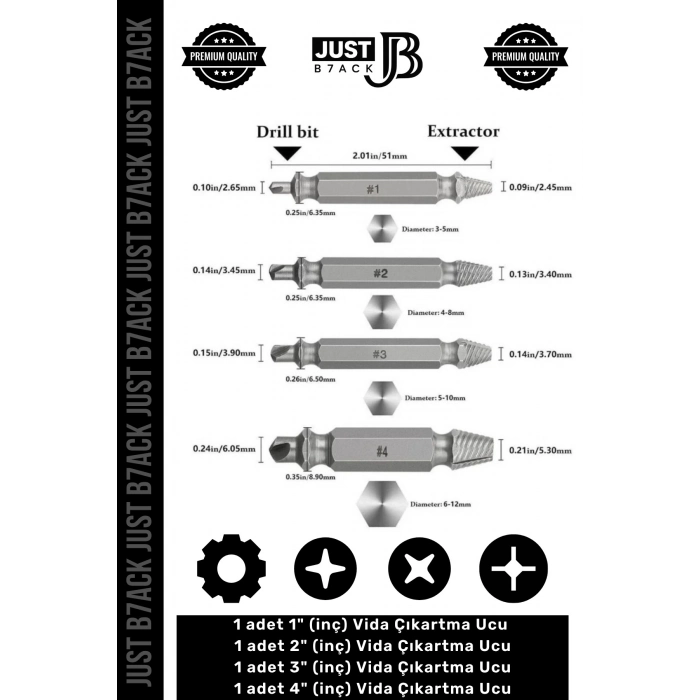 #HasarlıVidaDüzeltici 4 Farklı Başlıklı Paslanmaz Çelik Bozuk Çıkarıcı Hasar Görmüş Vida Sökme Set