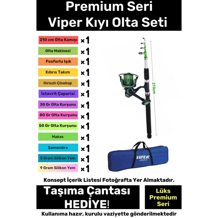 Hazır Kurulu Balık Viper Deniz Göl Kıyı Olta Seti Özel Üretim Şık Taşıma Çantalı 3m Kamış